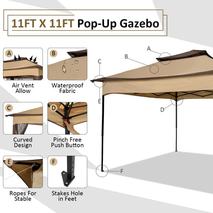 COBIZI 12x12 Outdoor Gazebo Pop Up Gazebo Canopy with Mosquito Netting Patio Tent Backyard Canopy with 2-Tiered Vented Top 3 Adjustable Height, Beige