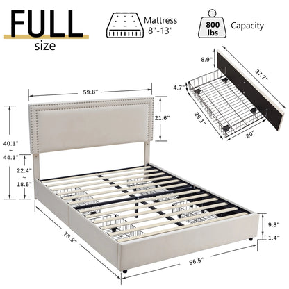 VECELO Full Bed Frame with 4 Storage Drawers (Wheeled) and Tufted Upholstered Adjustable Headboard Platform Bed, Beige