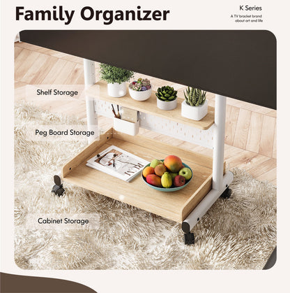 FITUEYES Rolling TV Stand with Wheels for 40-85 inch TVs, Height Adjustable Mobile TV Stand TV cart with Wooden Large Storage,White