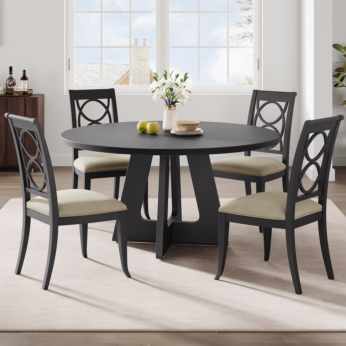 47'' Round Large Dining Table Set for 4 to 6,Mid Century Wood Dinner Table with Wide Tabletop and Cross Base,Dining Room Table for Home Dining Room or Living Room (No Chairs)