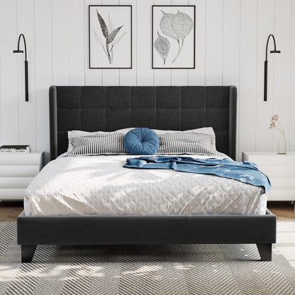 Amolife Queen Size Platform Bed with Wingback Headboard, Square Stitched Style, Dark Grey