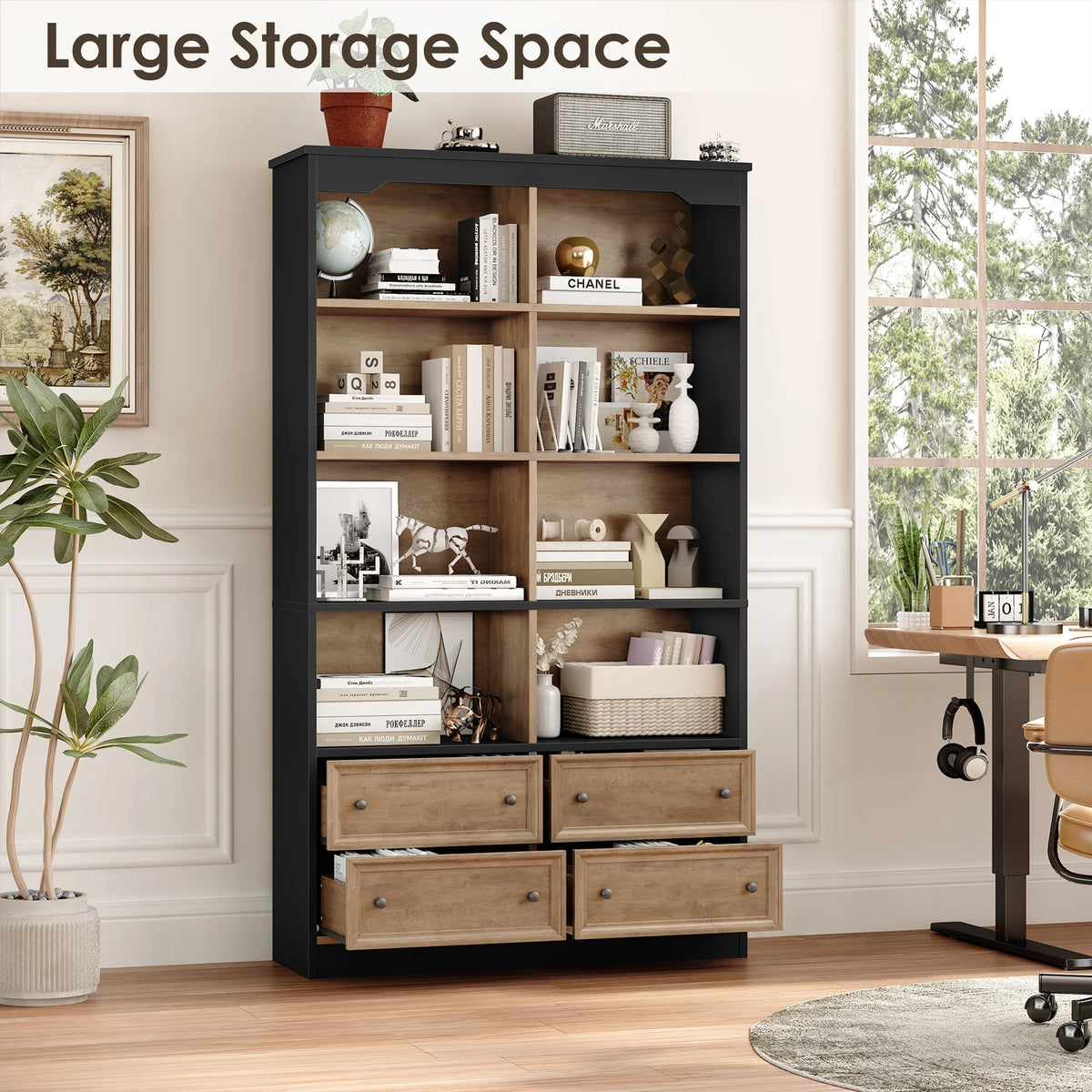 Homfa Double Row 6 Tier Bookcases, 71 in Tall Bookcase Bookshelf with 4 Drawers and 8 Display Cubicles, for Home Office Living Room, White