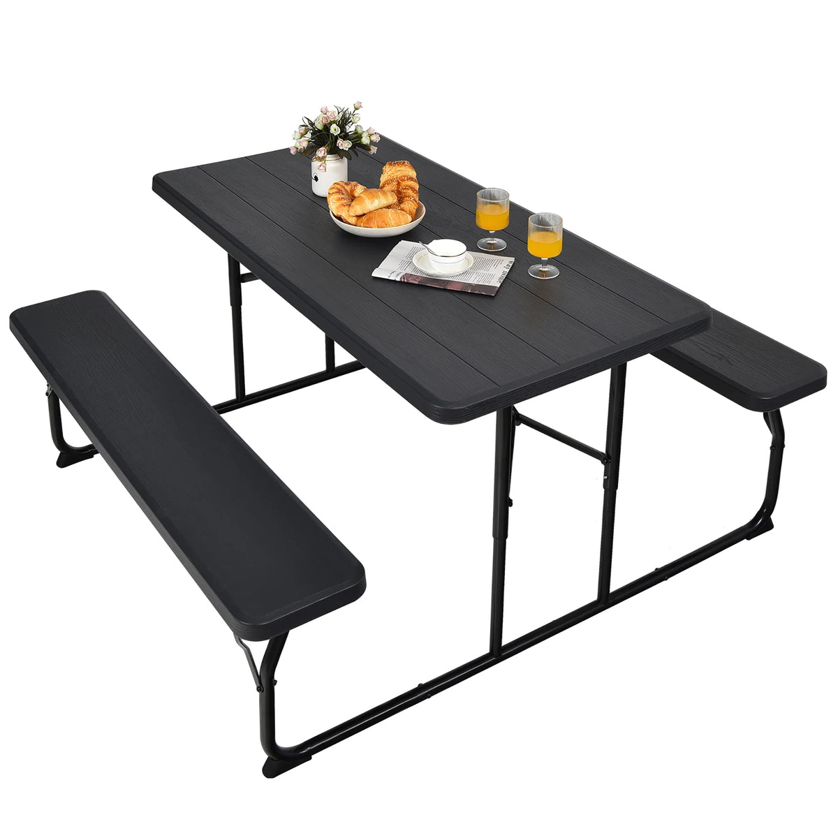 Costway Indoor & Outdoor Folding Picnic Table Bench Set w/ Wood-like Texture Grey