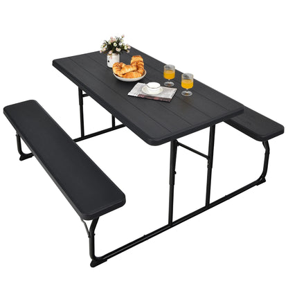 Costway Indoor & Outdoor Folding Picnic Table Bench Set w/ Wood-like Texture Grey