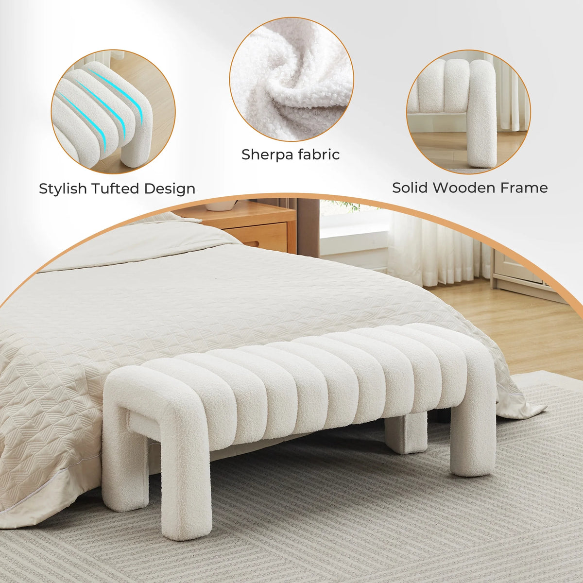 Zesthouse 63�� End of Bed Bench, Linen Tufted Upholstered Ottoman Bench with Padded Seat and Solid Wood Leg, Modern Entryway Bench for Bedroom, Living Room, Beige