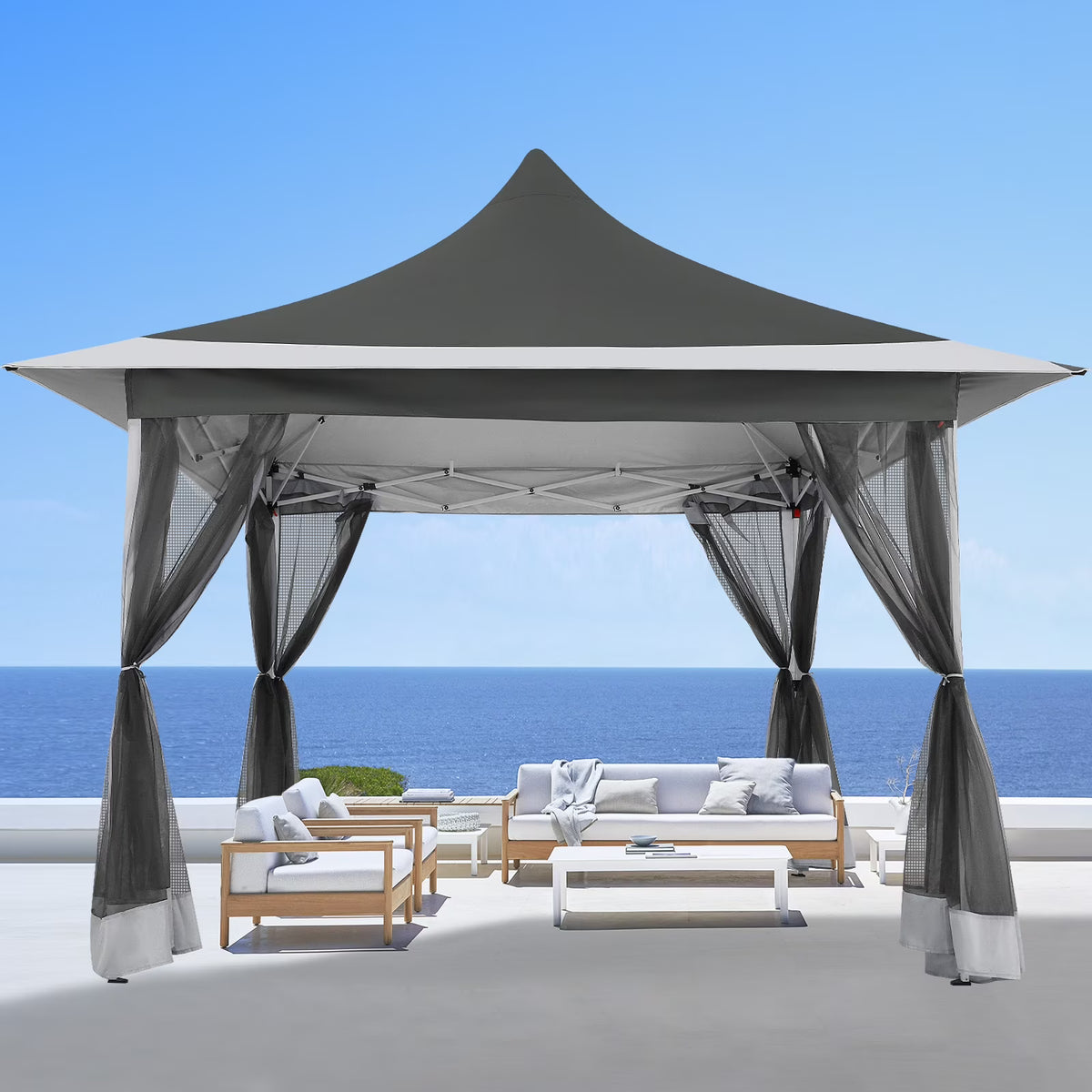 COBIZI 12x12 Outdoor Gazebo Pop Up Gazebo Canopy with Mosquito Netting Patio Tent Backyard Canopy with 2-Tiered Vented Top 3 Adjustable Height, Beige