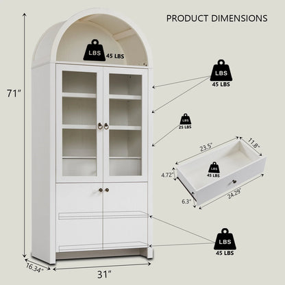 IFGET 71-Inch Arched 4-Tier Bookcase with Glass Doors and Drawers