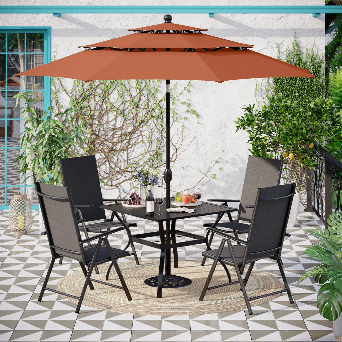 MAISON ARTS Outdoor  6-piece Patio Dining Set, 1 Square Metal table, 4 Adjustable Folding Chairs and 10ft Umbrella Red
