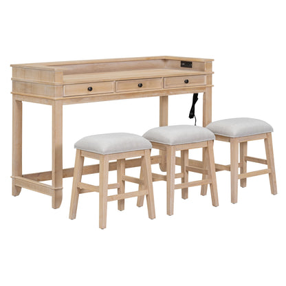 Harper & Bright Designs 4 Piece Bar Table Set for 4, Kitchen Dining Stools Set with 3 Upholstered Stools with 3 Drawers and USB Port, Gray