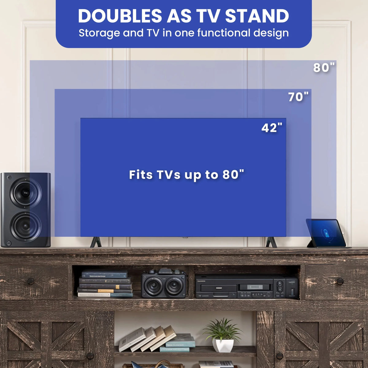 Uforic Farmhouse TV Stand for 75/80 Inch TV, Rustic Entertainment Center with Power Outlet, Storage Drawers, TV Console for Living Room, Oak