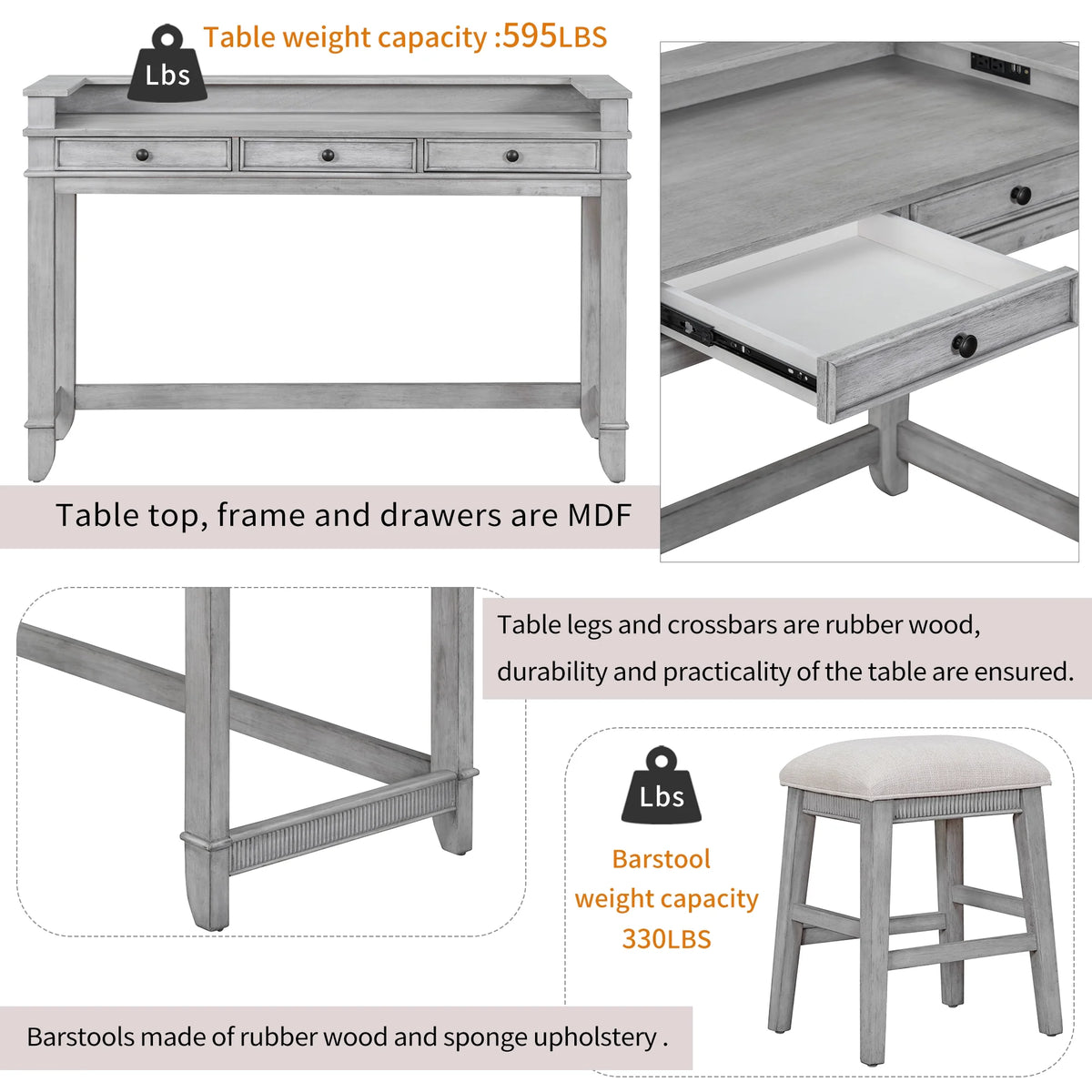 Harper & Bright Designs 4 Piece Bar Table Set for 4, Kitchen Dining Stools Set with 3 Upholstered Stools with 3 Drawers and USB Port, Gray