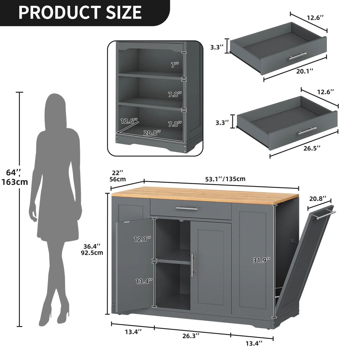 DWVO Kitchen Storage Cart with Trash Can Storage Cabinet, Rolling Kitchen Island with Wheels and Drawers for 13-Gallon Trash Bin, Gray