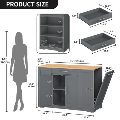 DWVO Kitchen Storage Cart with Trash Can Storage Cabinet, Rolling Kitchen Island with Wheels and Drawers for 13-Gallon Trash Bin, Gray