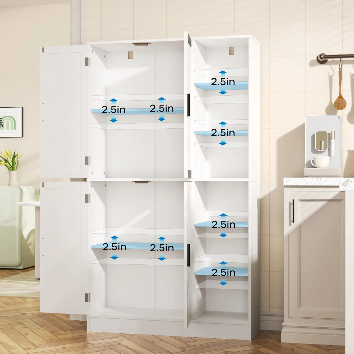 63" Tall Kitchen Pantry, Kitchen Pantry Cabinet with 4 Doors and Adjustable Shelves, Storage Cabinet for Dining Room, Laundry Room, Oak