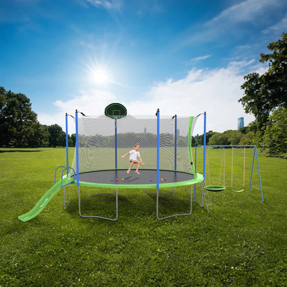 12FT Trampoline with Slide and Swings, Large Outdoor Backyard Trampoline with Basketball Hoop and Ladder for Kids and Adults