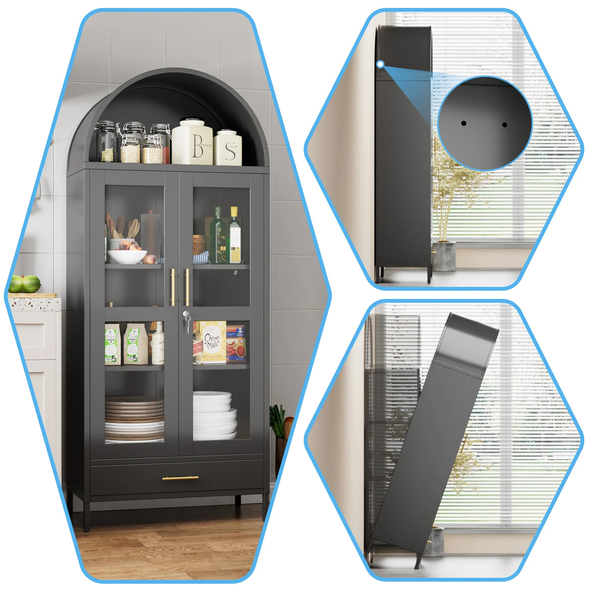 SUPEER Metal Arched Storage Display Cabinet with Glass Doors and Adjustable Shelves, Lockable Cabinet, Assembly Required, Black