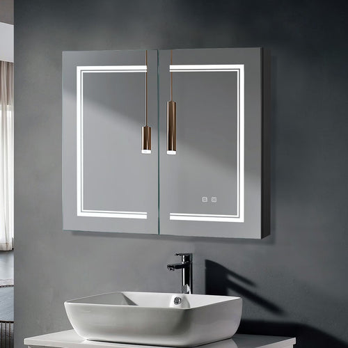 Ktaxon LED Lighted Medicine Cabinet with Mirror Bathroom Wall Cabinet w/ Defogger, Dimmable, Memory function, Outlets & USB, 32"x28", Black