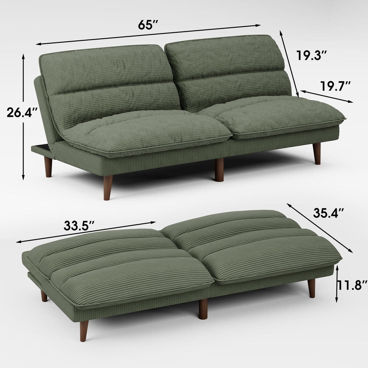 Homall Futon sofa, Two Seat Adjustable Sofa, Corduroy Fabric, Upholstered Sofa, Sofa Changeable into Bed, Leisure Reading and Games, Green