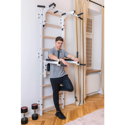 BenchK 733 White Wall bars with convertible steel 6-grip pull-up bar that can also be used as a barbell holder, dip bar with back support and advanced workout bench