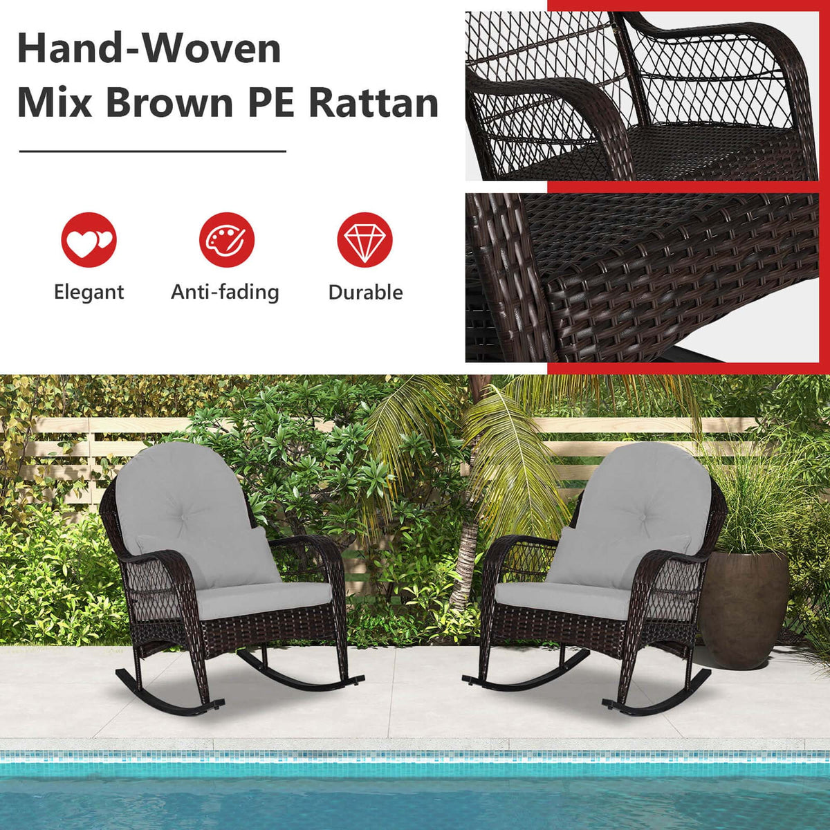 Costway Patio Wicker Rocking Chair W/Seat Back Cushions & Lumbar Pillow Porch Off White