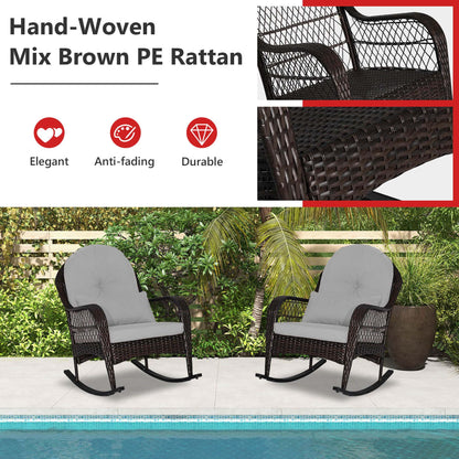Costway Patio Wicker Rocking Chair W/Seat Back Cushions & Lumbar Pillow Porch Off White