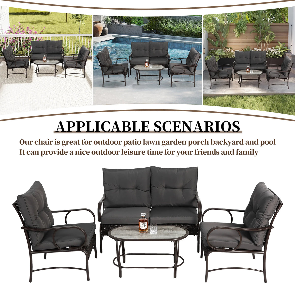 Patio Sofa Set, 4 Pieces Outdoor Sectional Furniture, All-Weather PE Rattan Wicker Patio Conversation Set, Cushioned Sofa Set with Coffee Table for Patio Garden Poolside Deck