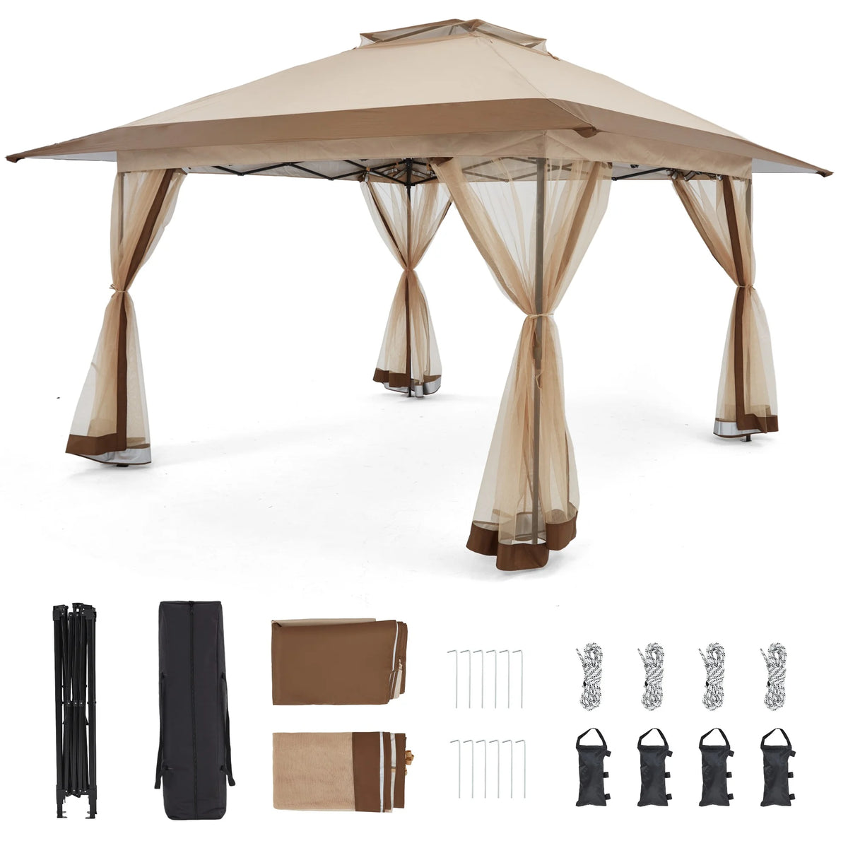 Bezseller 11x11 Pop up Gazebo, Outdoor Waterproof Canopy Tent with Mosquito Netting for Outdoors, Khaki