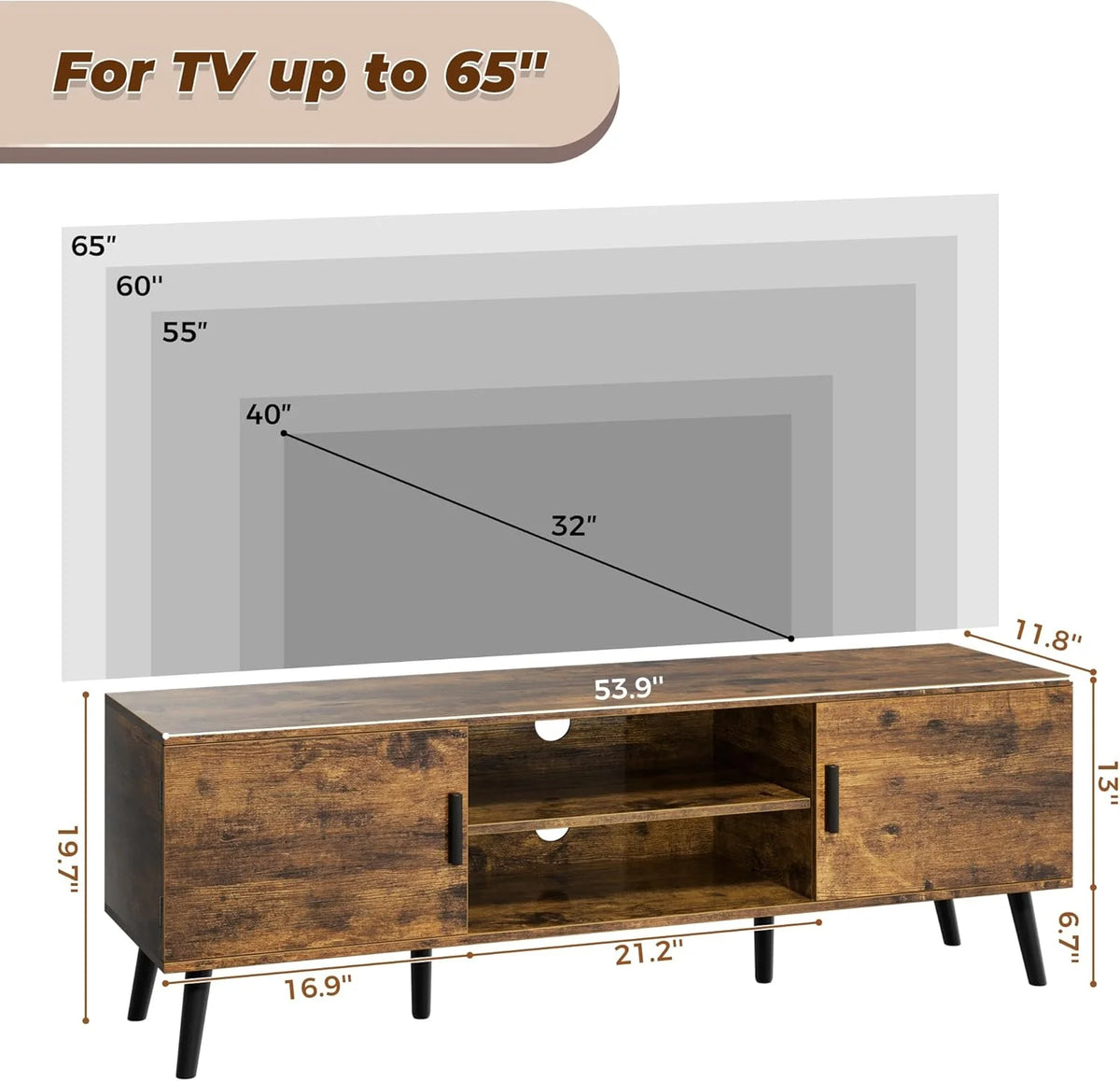 LL TV Stand for 55 Inch TV, Entertainment Center with Adjustable Shelf, 2 Cabinets, TV Console Table, Media Console, Solid Wood Feet, Cord Holes, for Living Room, Bedroom, White