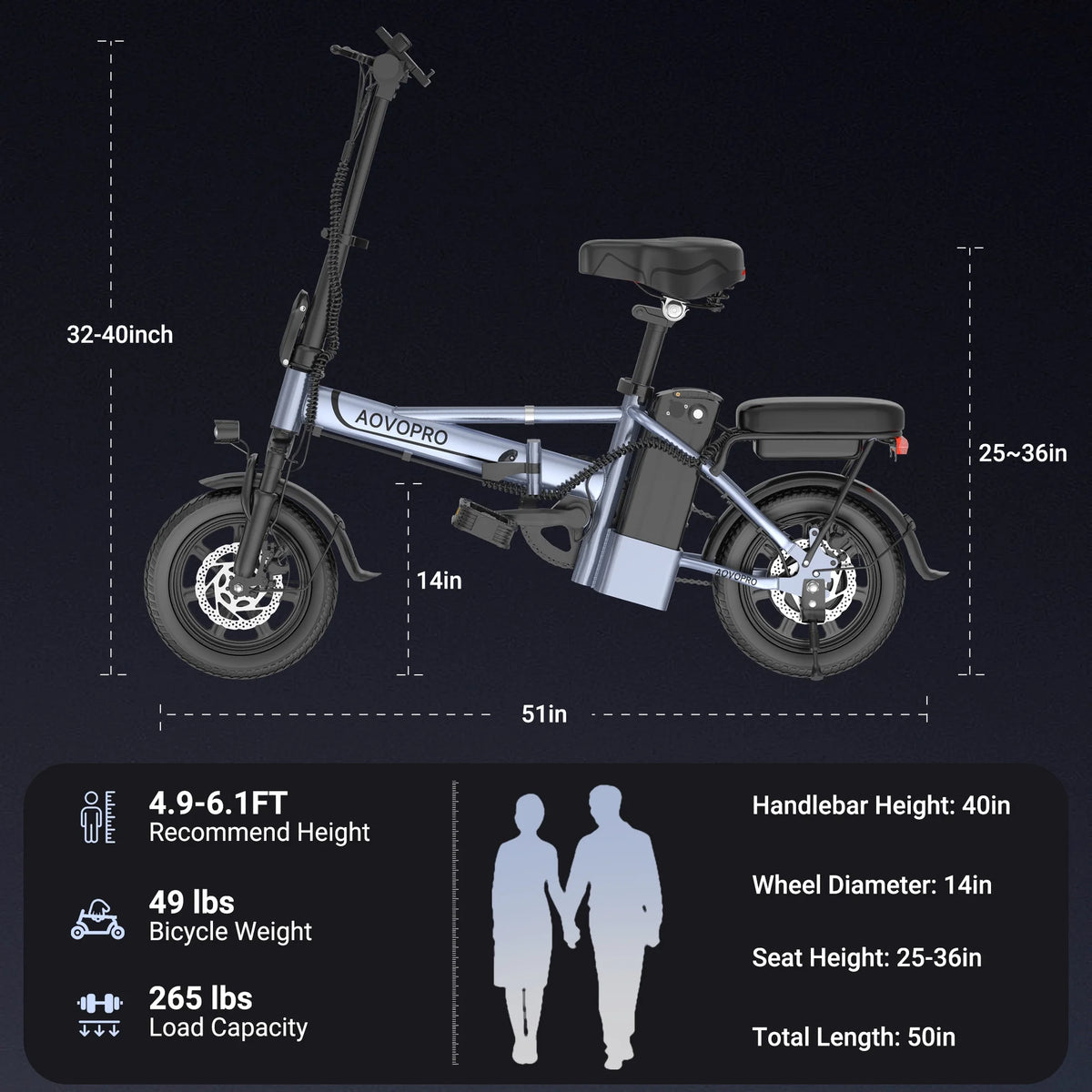 AOVOPRO EB60 Electric Bike 500W 48V, 14' Mini Ebike for City Commuter, Folding Electric Bicycle for Adult with Two Seats UL2849