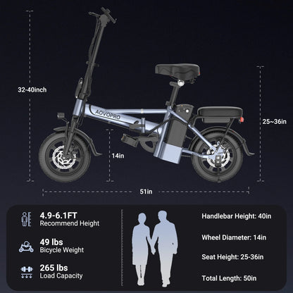 AOVOPRO EB60 Electric Bike 500W 48V, 14' Mini Ebike for City Commuter, Folding Electric Bicycle for Adult with Two Seats UL2849