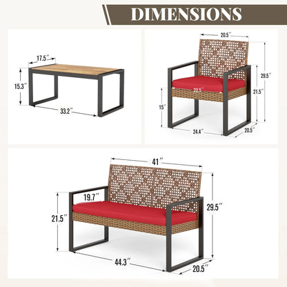 MF Studio 4-Piece All-Weather Rattan Patio Furniture Set, Outdoor Conversation Set with Wood Table, Brown and Beige