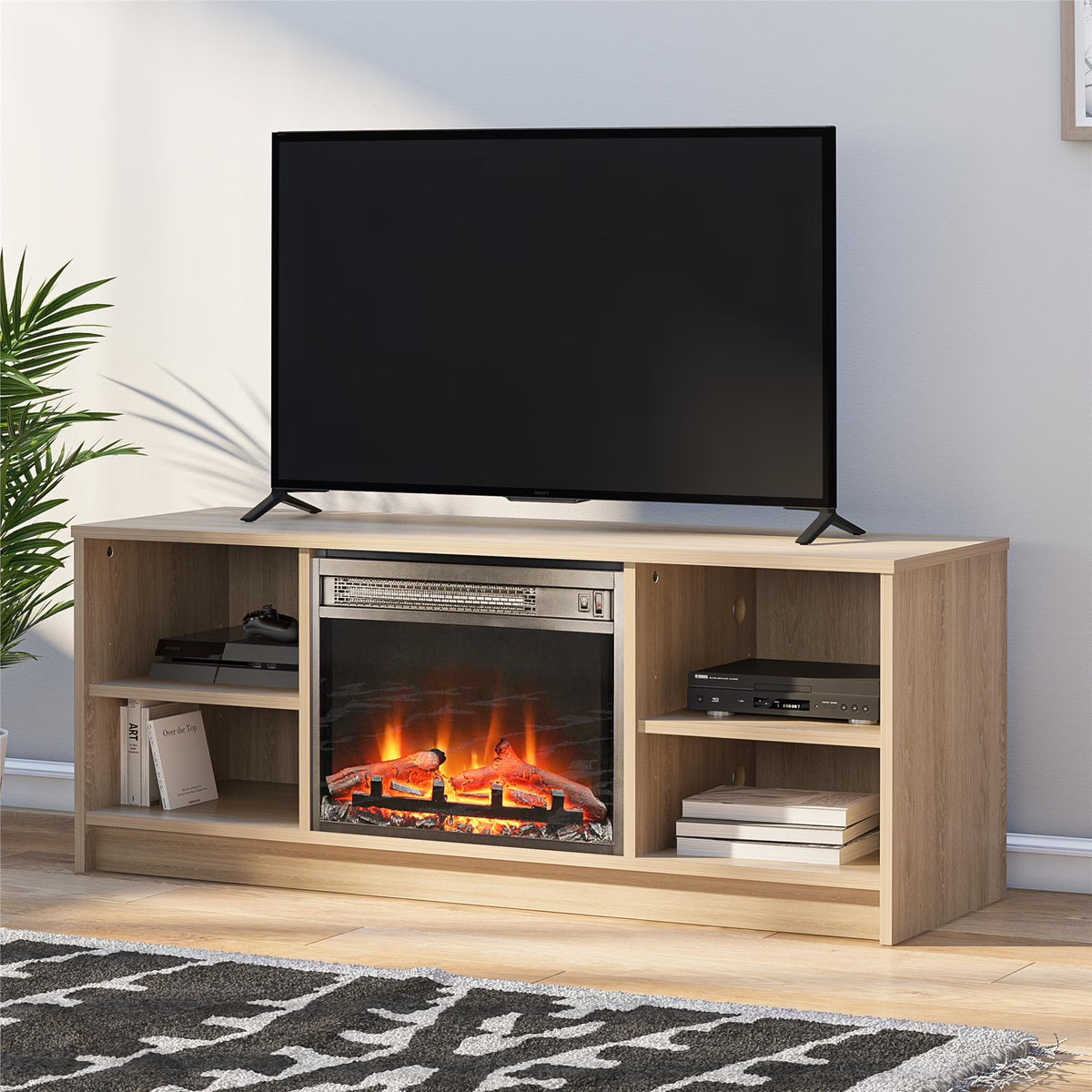 Mainstays Fireplace TV Stand, for TVs up to 55", Black Oak