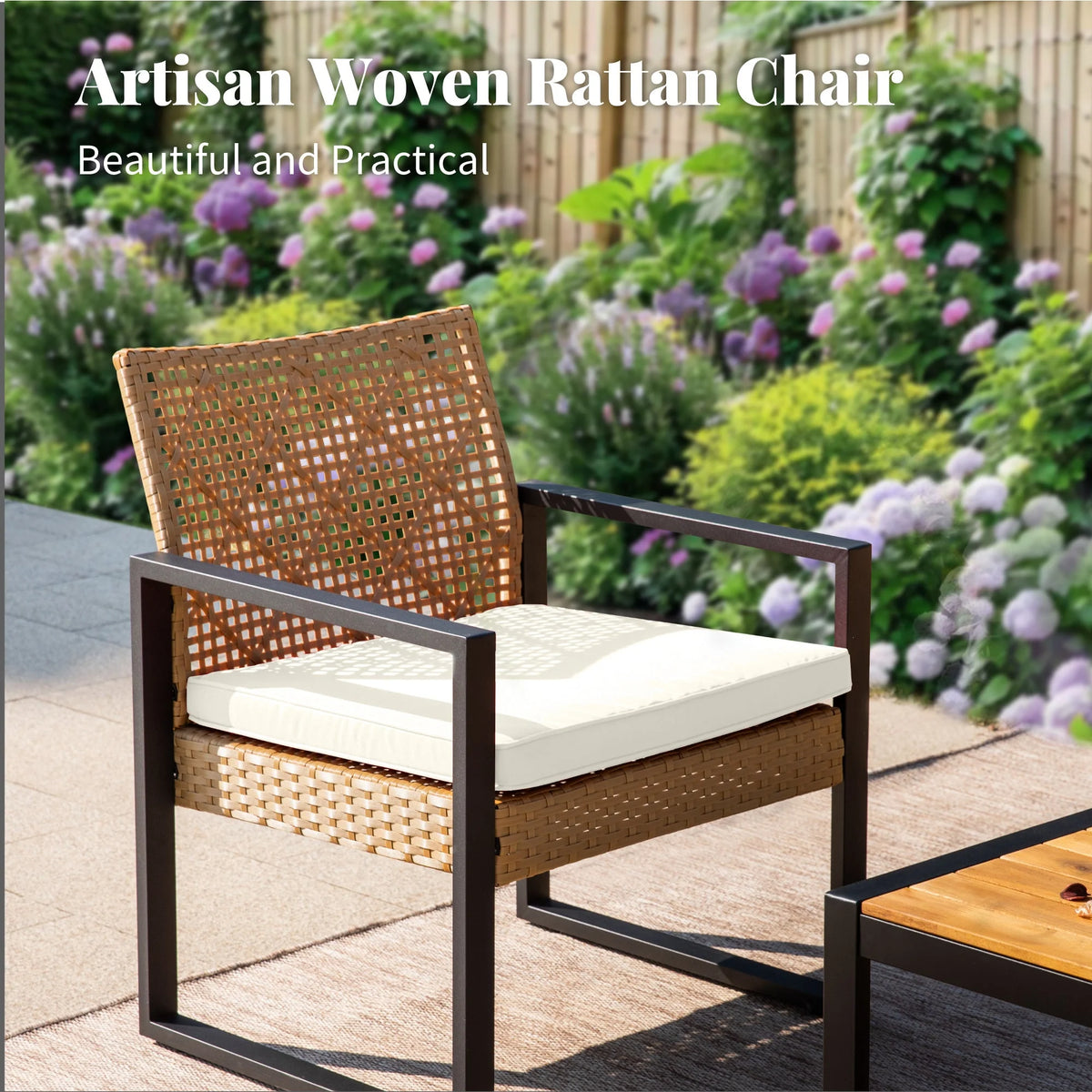 MF Studio 4-Piece All-Weather Rattan Patio Furniture Set, Outdoor Conversation Set with Wood Table, Brown and Beige