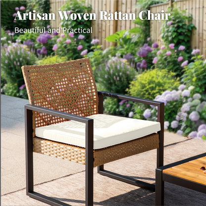 MF Studio 4-Piece All-Weather Rattan Patio Furniture Set, Outdoor Conversation Set with Wood Table, Brown and Beige