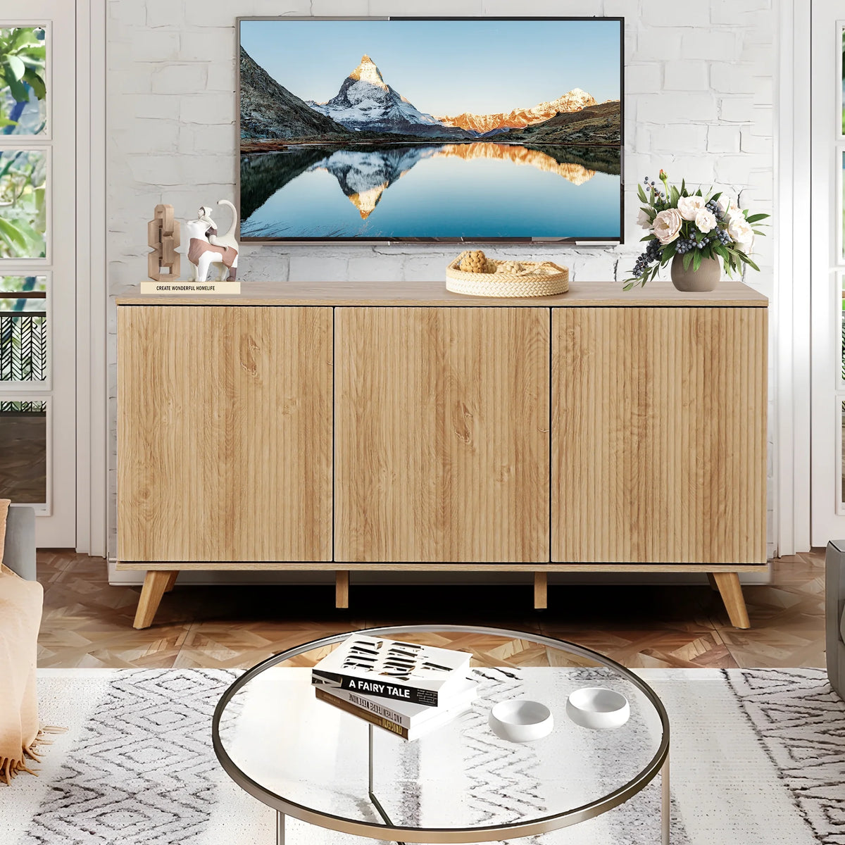 Wirrytor Sideboard Storage Cabinet with Doors and Shelves, Buffet Cabinet with Storage, Credenza Storage Cabinet for Kitchen, Wooden Fluted Cabinet, Under TV Cabinet with Storage - Black