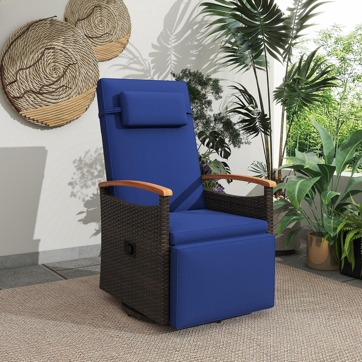 Costway Outdoor 360�� Swivel Rattan Recliner Chair Patio Wicker Chaise Lounge Chair Beige