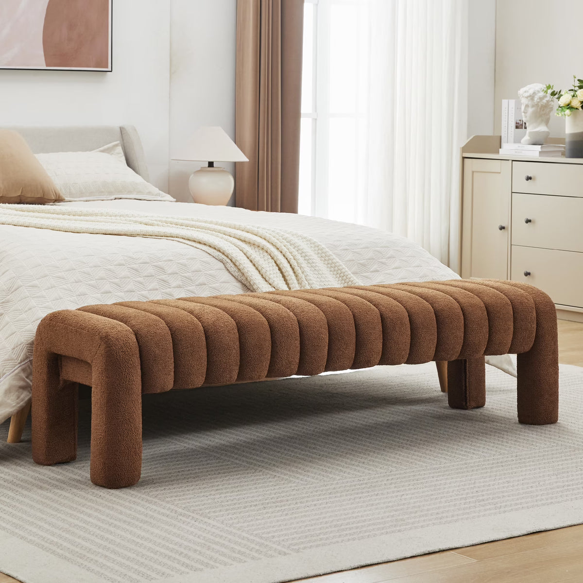 Zesthouse 63�� End of Bed Bench, Linen Tufted Upholstered Ottoman Bench with Padded Seat and Solid Wood Leg, Modern Entryway Bench for Bedroom, Living Room, Beige