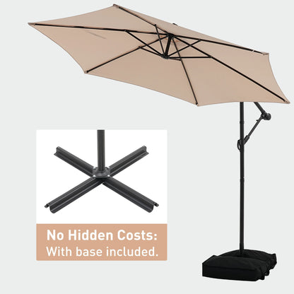 Ainfox 10ft Cantilever Patio Umbrella with Lights, Offset Market Umbrella with Sandbags Weighted Base and Cross Base,Khaki