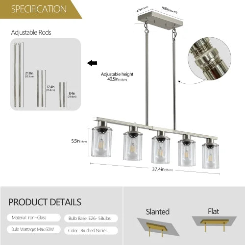 ACE-LIGHTS,Modern Industrial 5-Light Chandelier with Clear Glass Shades(Bulbs Not Included),Hanging Ceiling Light Fixture for Living Room,Dining Room,Kitchen Island(Black)