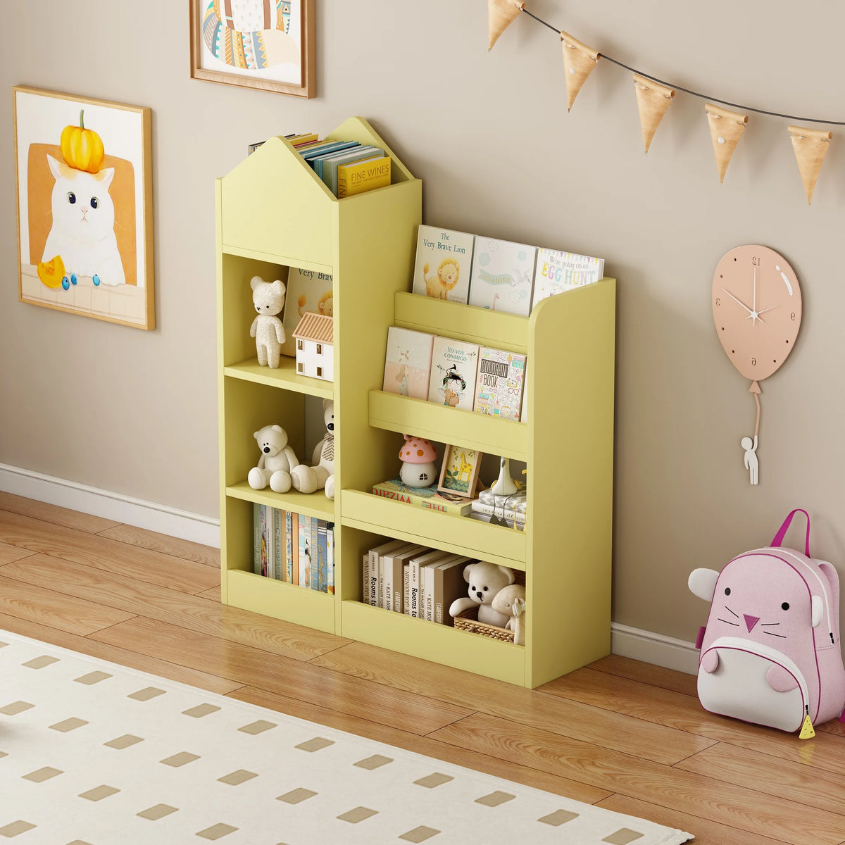 PORKISS Bookshelf for Kids, Wood Kids Bookcase with Toy Storage Organizer, Freestanding Book Shelf with 6 Compartments and 2 Baskets Bins for Kids Bedroom, Nursery, Playroom, Natural