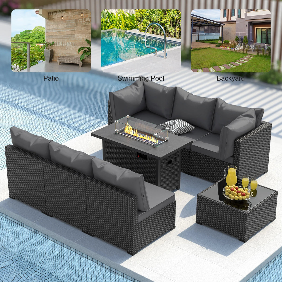 8 Piece Patio Furniture Set with 42" Propane Gas Fire Pit Table with Coffee Table,Blue