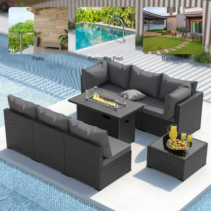 8 Piece Patio Furniture Set with 42" Propane Gas Fire Pit Table with Coffee Table,Blue