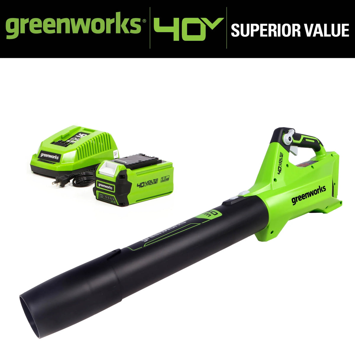 Greenworks 40V 120 Mph at 450 Cfm Axial Blower with 2.5Ah Battery & Charger 2411902