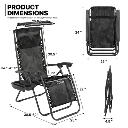 MoNiBloom Zero Gravity Chairs Set of 2, Folding Outdoor Patio Beach Recliner with Canopy Shade & Headrest, Black
