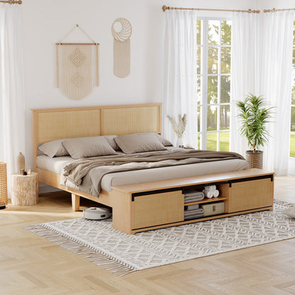 Natural Rattan Bed Frame with Sliding Barn Door Storage Cabinets and LED Light Headboard, Farmhouse Wood Platform Bed with Solid Wood Legs Support