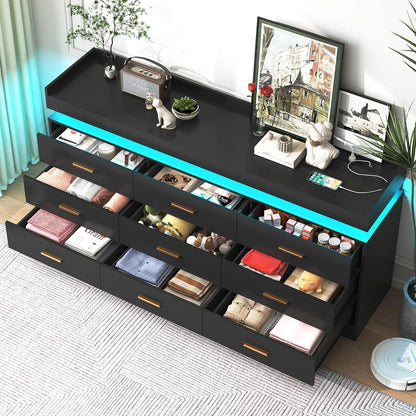 ANPOO 9 Drawer Dresser with LED Lights and Charging Station, Modern Double Wide Chest of Drawers with Power Outlet for Bedroom, Living Room