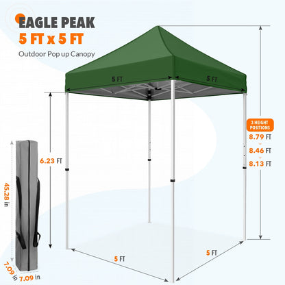 EAGLE PEAK 5x5 Pop Up Canopy Tent Instant Outdoor Canopy Easy Set-up Straight Leg Folding Shelter（Blue）
