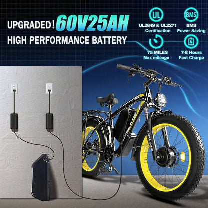 5000w Peak Dual Motor Electric Bike, 26" Fat Tire Shimano 21 Speed 45 MPH Commuter Mtb, 60V 25AH Front Suspension Ebike