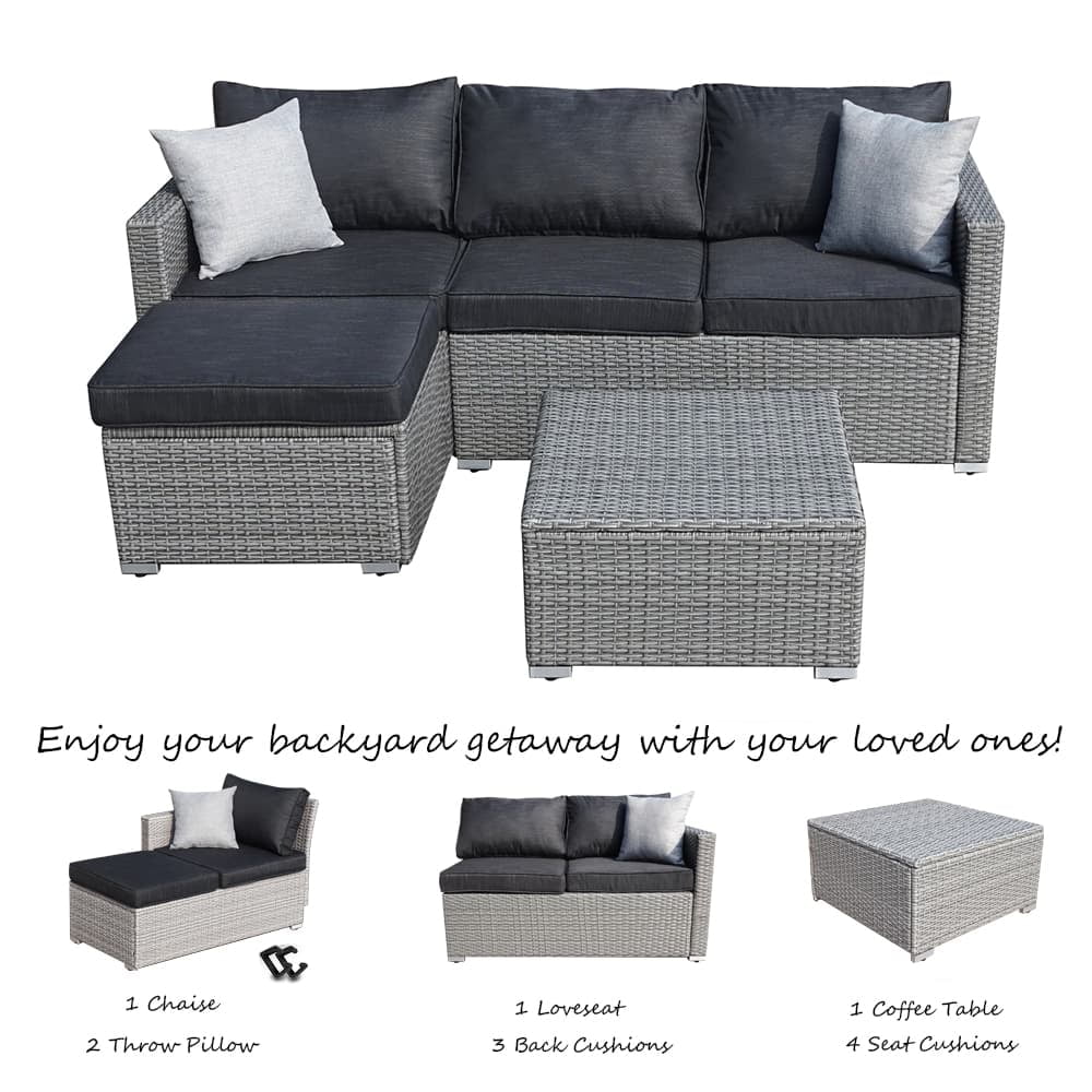 SUNTONE Patio Sectional Set - 3 Pieces Outdoor Conversation Set Wicker Rattan Outdoor Furniture Sofa with Table, Beige