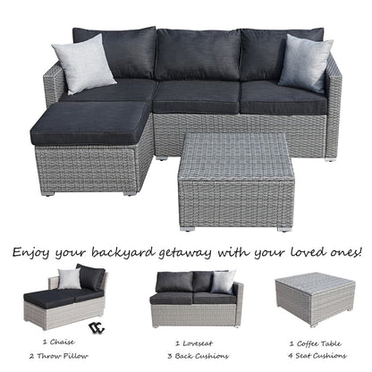 SUNTONE Patio Sectional Set - 3 Pieces Outdoor Conversation Set Wicker Rattan Outdoor Furniture Sofa with Table, Beige